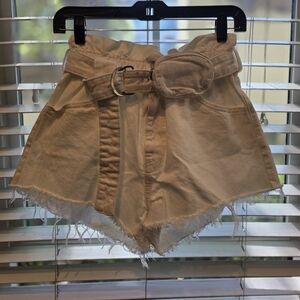 Bershka Cream Paperbag Waist Frayed-Hem Denim Shorts with Belt